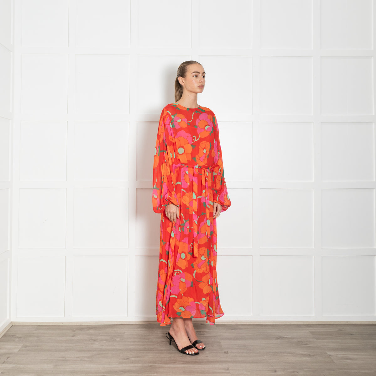 Rixo Orange Floral Sheer Maxi Dress With Slip