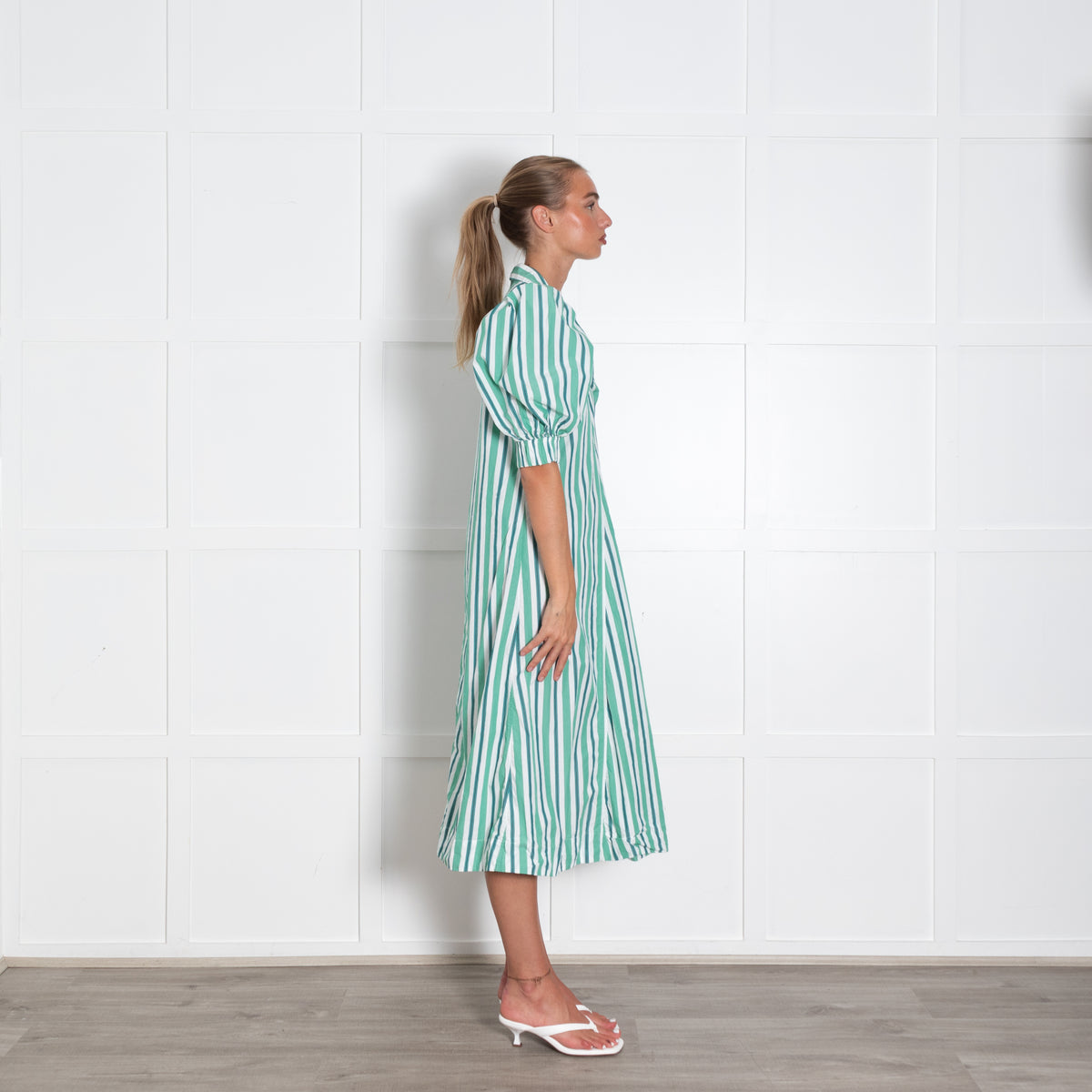 Ganni White Green Striped Mid Sleeve Shirt Dress With Collar And V Neck
