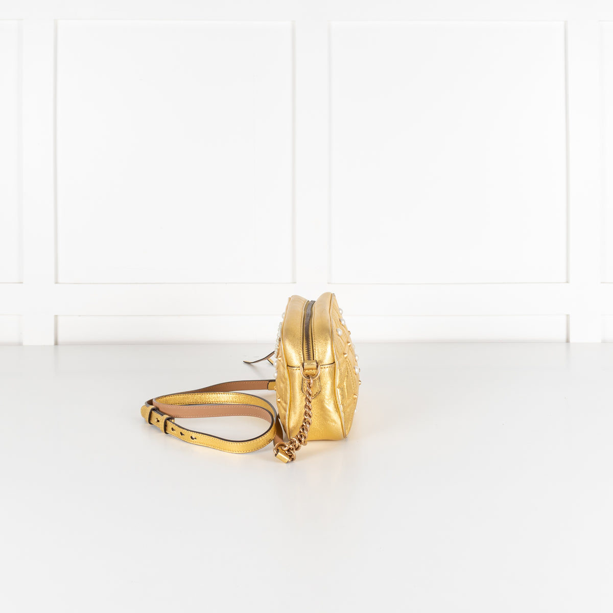 Gucci GG Marmont Gold Leather Pearl Crossbody Bag