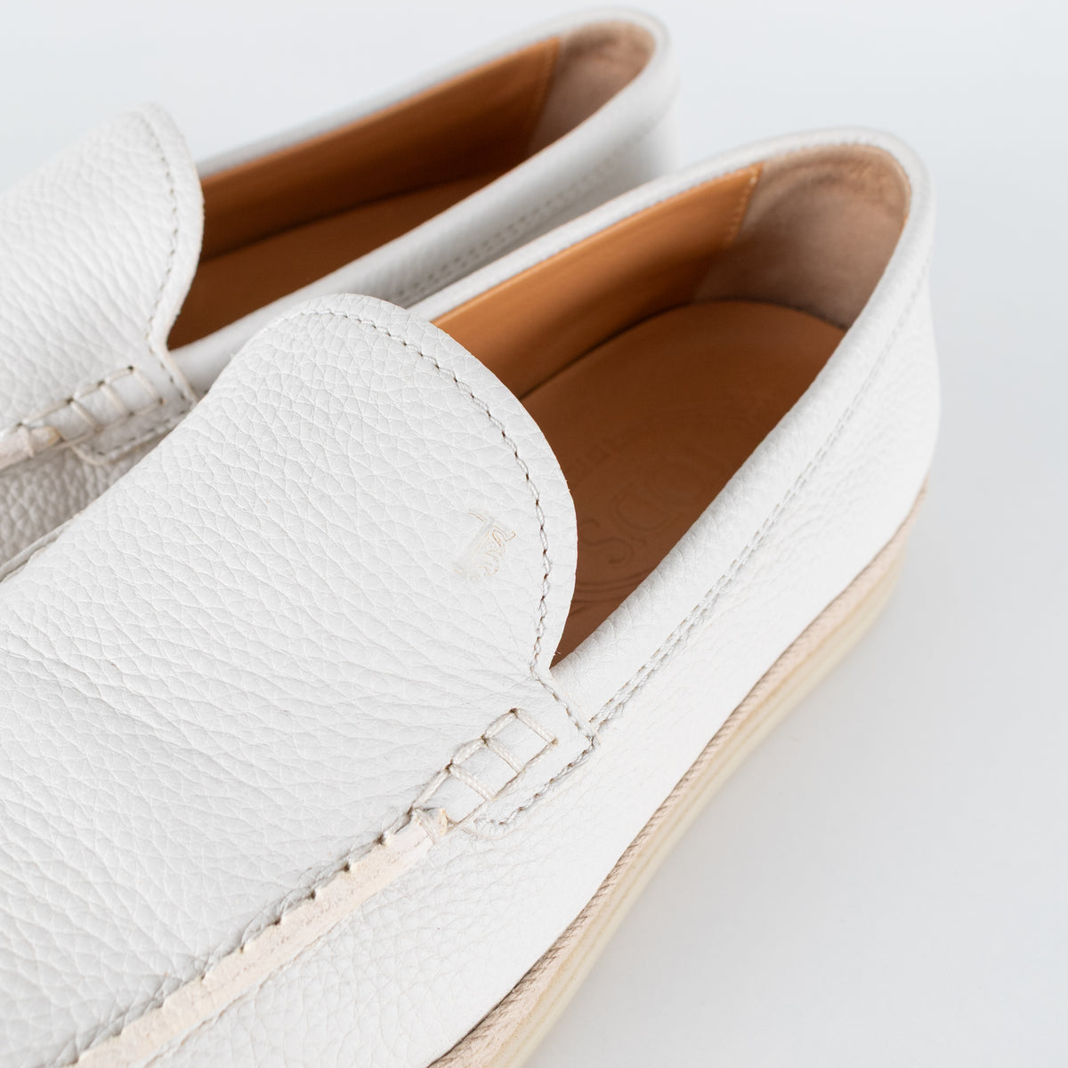 Tod's White Raffia Trimmed Leather Loafers