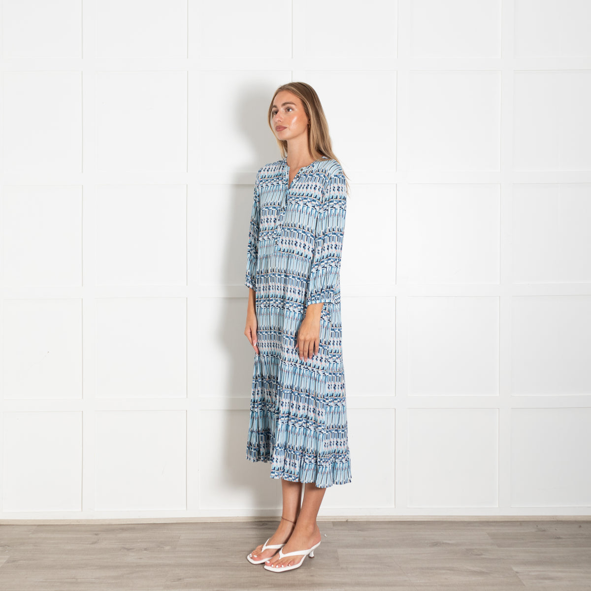 Dea Kudibal Blue Pink Patterned Long Sleeve Midi Dress