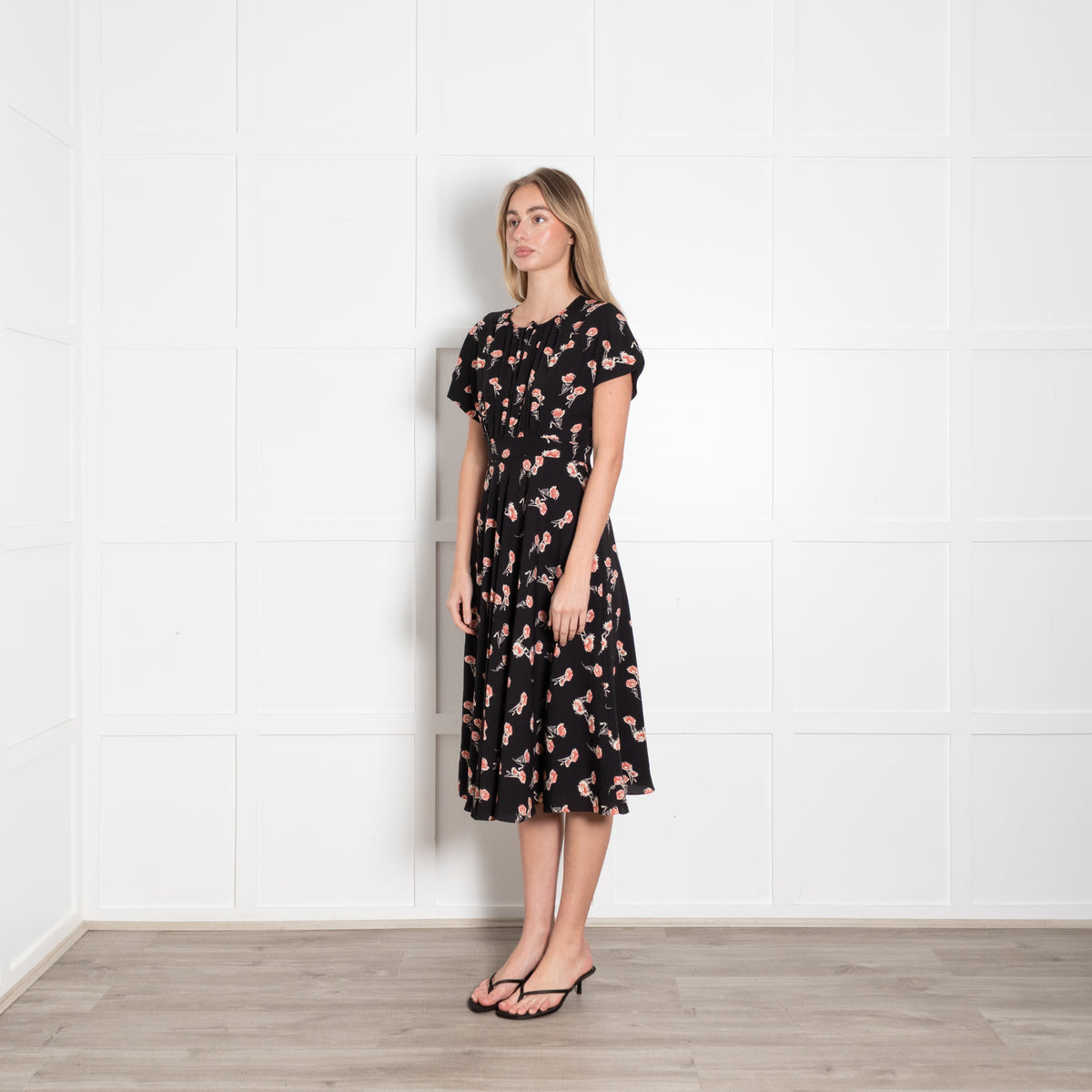 Mikael Aghal Black Orange Floral Sleeveless Midi Dress