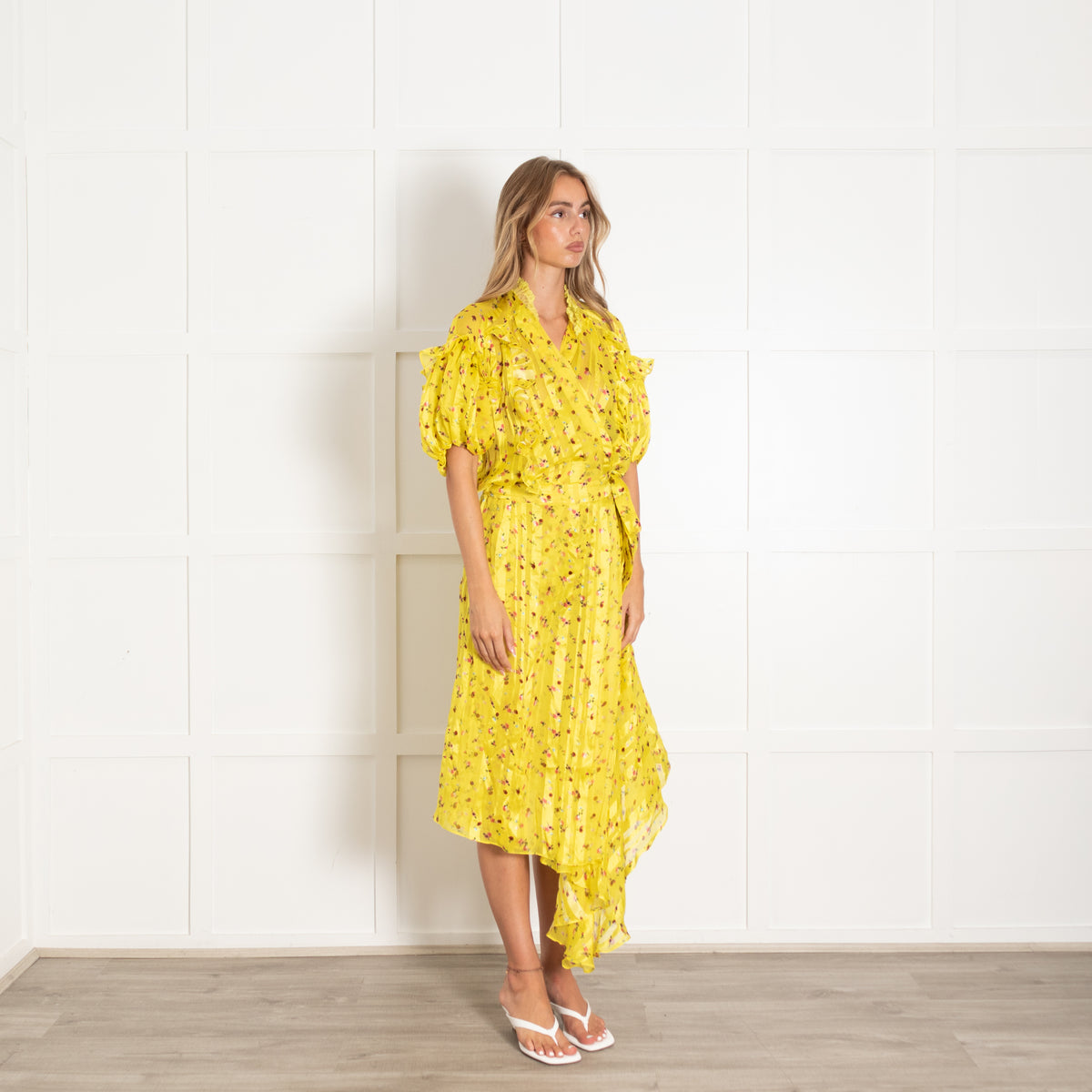 Preen By Thornton Bregazzi Yellow Floral Silk Maxi Wrap Dress