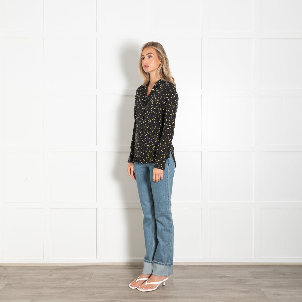 Theory Black Yellow Floral Silk Blouse