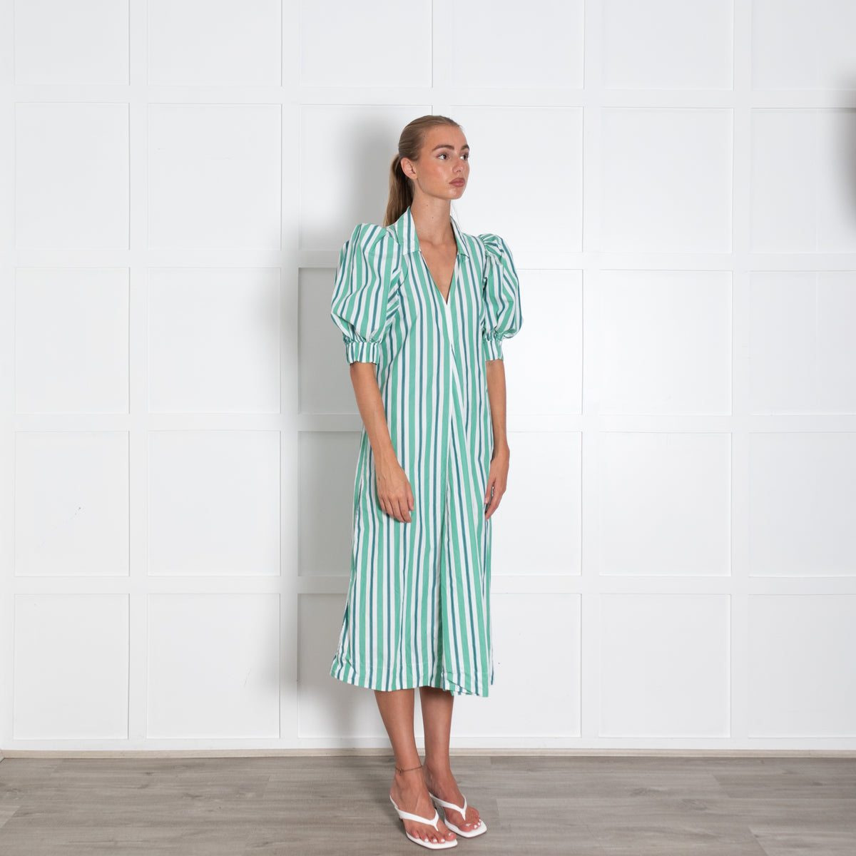 Ganni White Green Striped Mid Sleeve Shirt Dress With Collar And V Neck