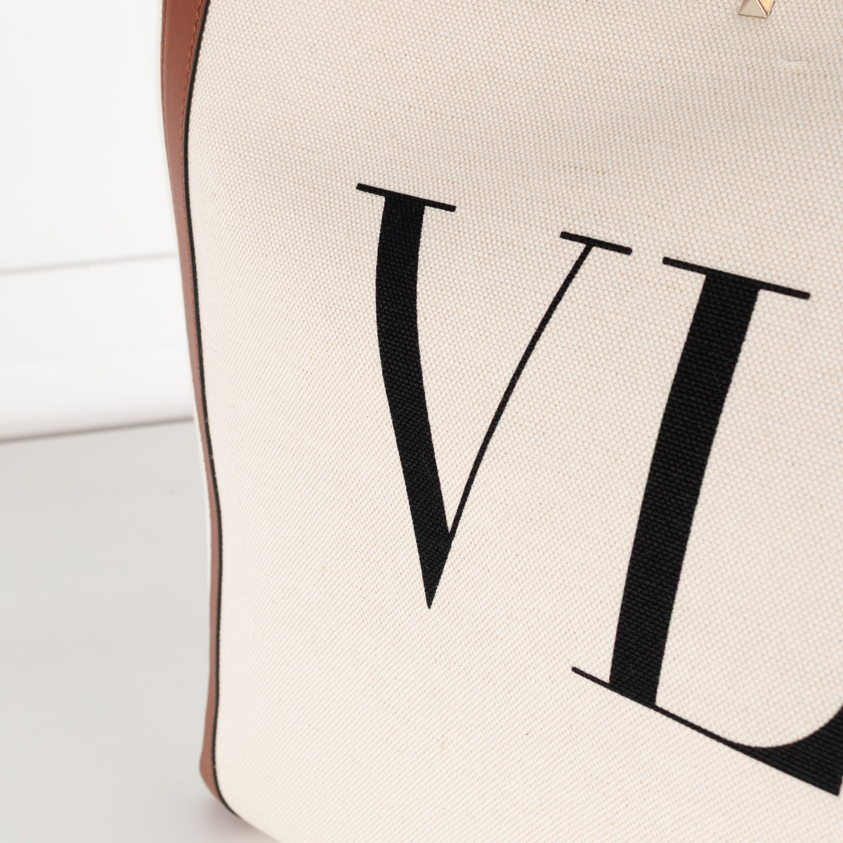 Valentino Off White Brown Canvas And Leather Large Rockstud VLTN Tote