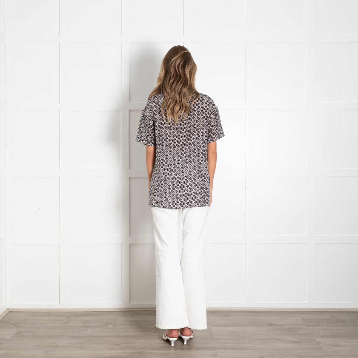 Bruno Manetti Grey Black Blue Geometric Print Silk Top