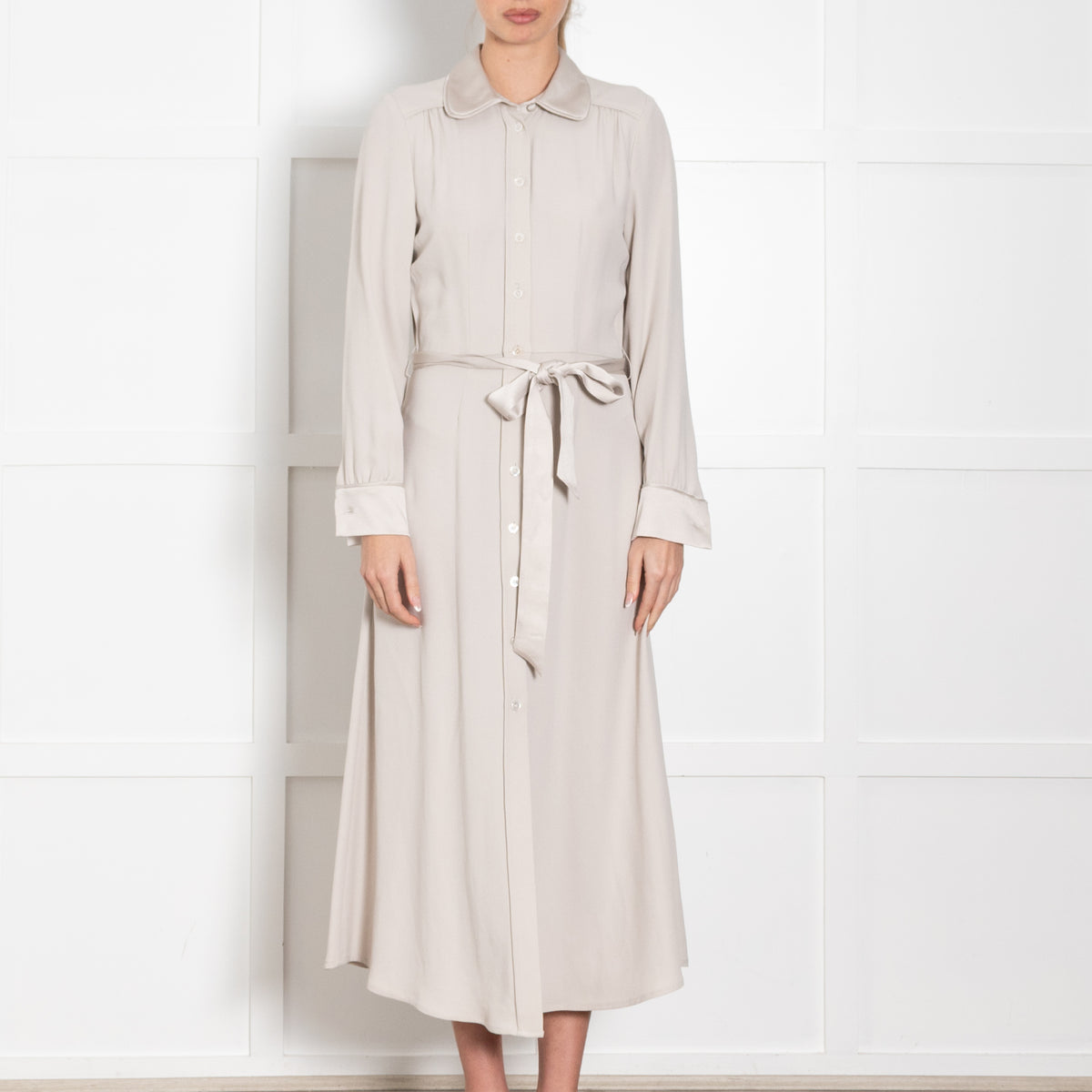 Goat Beige Belted Long Sleeve Button Up Midi Dress