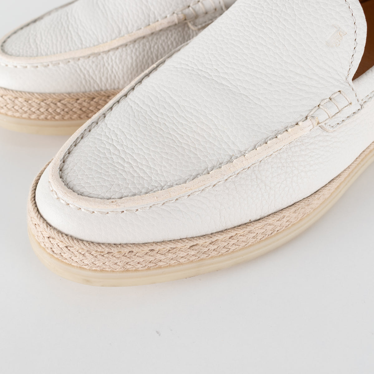 Tod's White Raffia Trimmed Leather Loafers