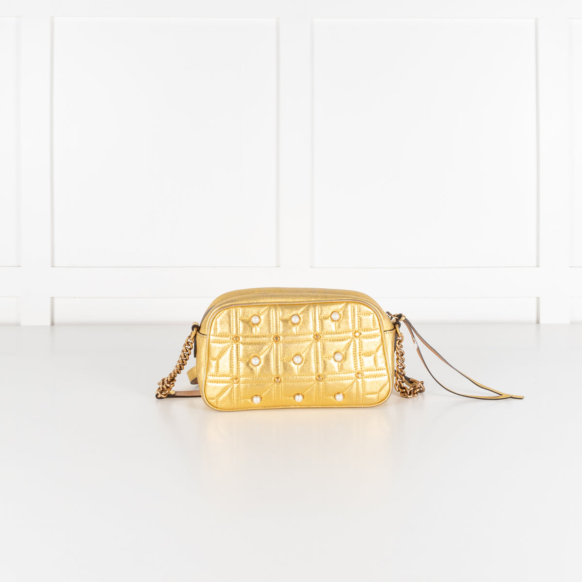 Gucci GG Marmont Gold Leather Pearl Crossbody Bag
