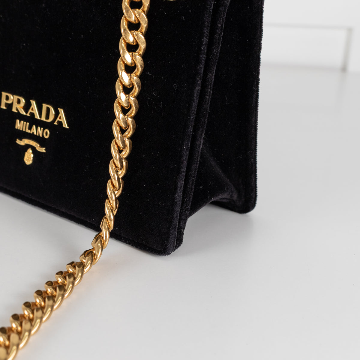 Prada Pattina Black Velvet Flap Bag With Gold Chain