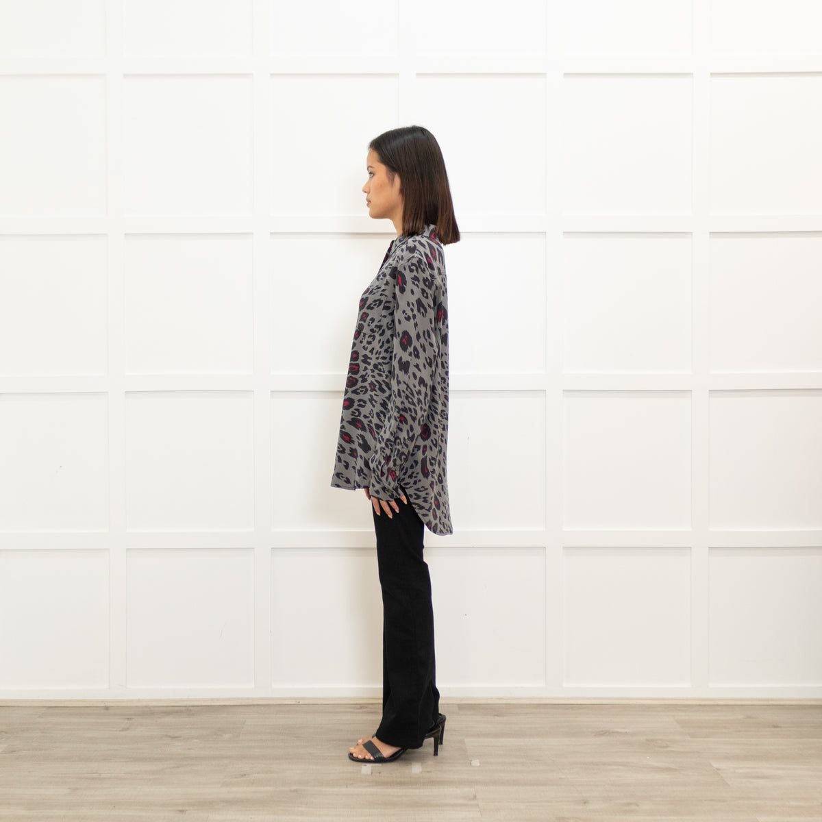 Equipment Grey and Fuschia Animal Print Silk Shirt