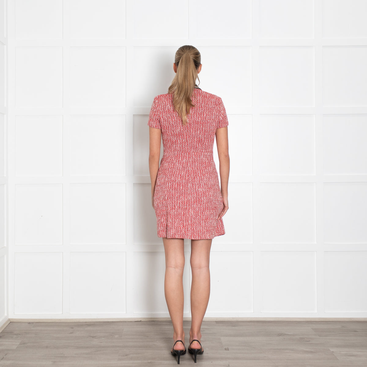 Maje Red White Tweed Short Sleeve Black Trim Dress