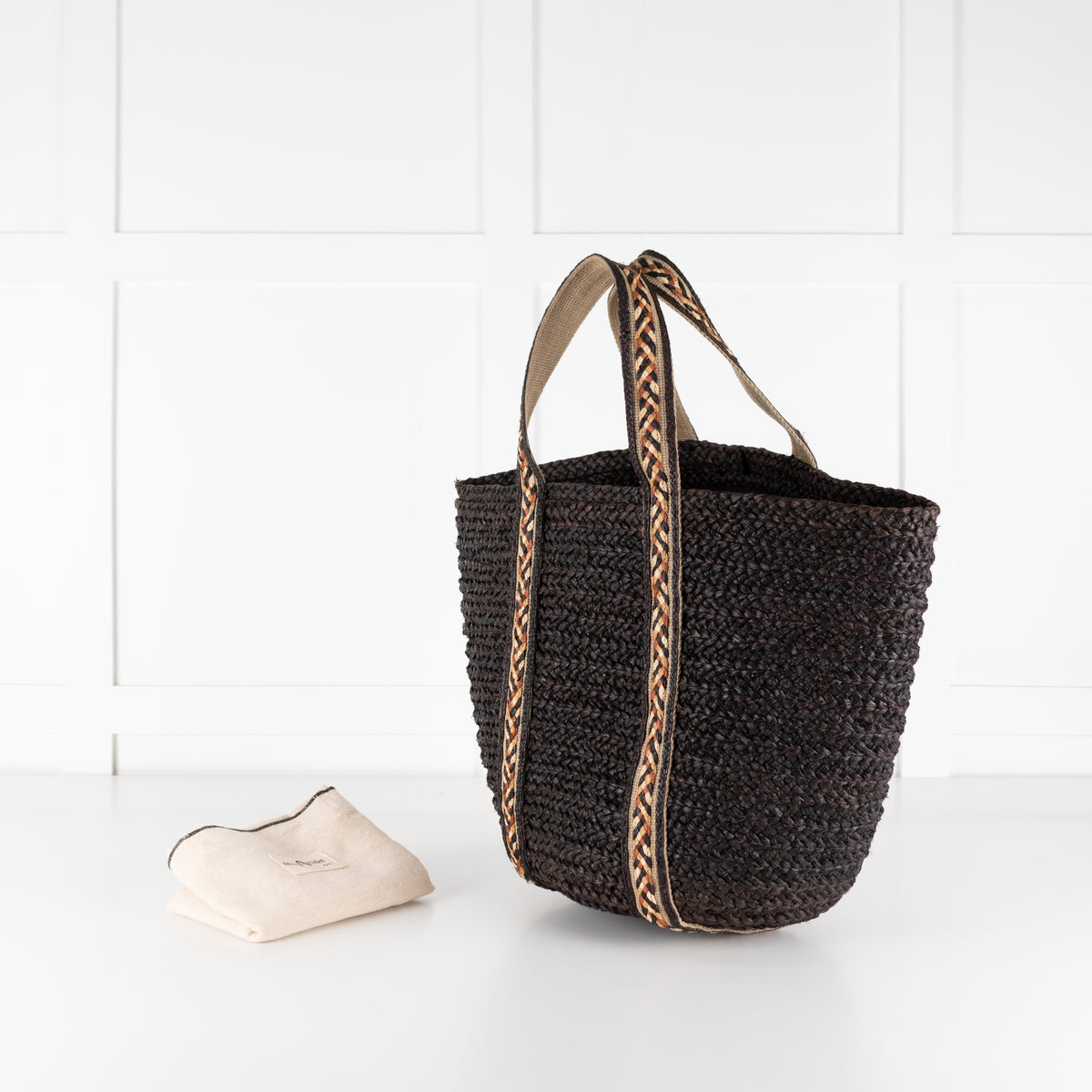 Sans Arcidet Chocolate Brown Woven Straw Tote Bag With Braided Handles