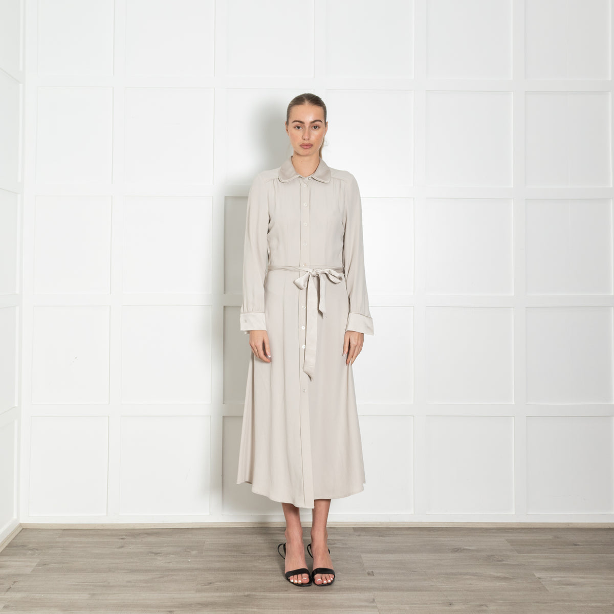 Goat Beige Belted Long Sleeve Button Up Midi Dress