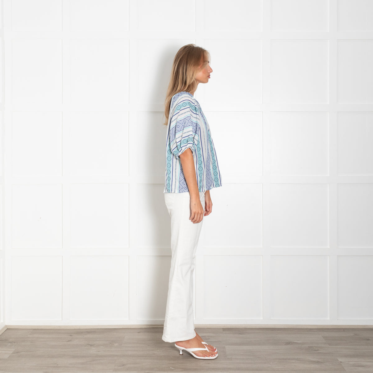 Velvet White Blue Embroidered Fabric Cotton Top