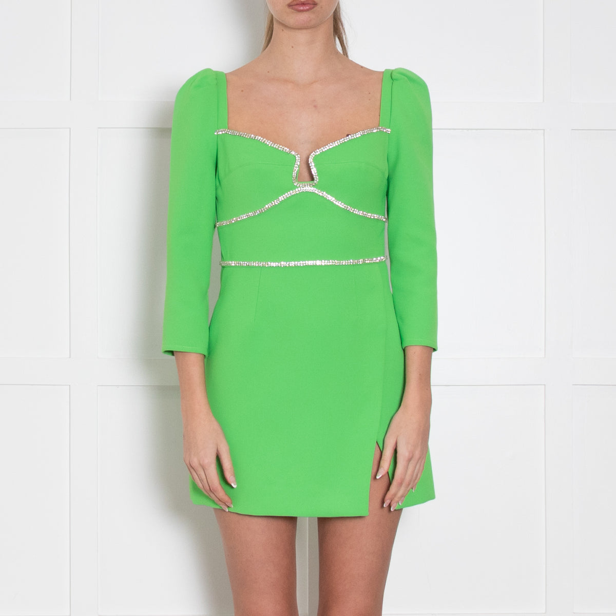 Self Portrait Neon Green White Diamanté Detail Mini Dress