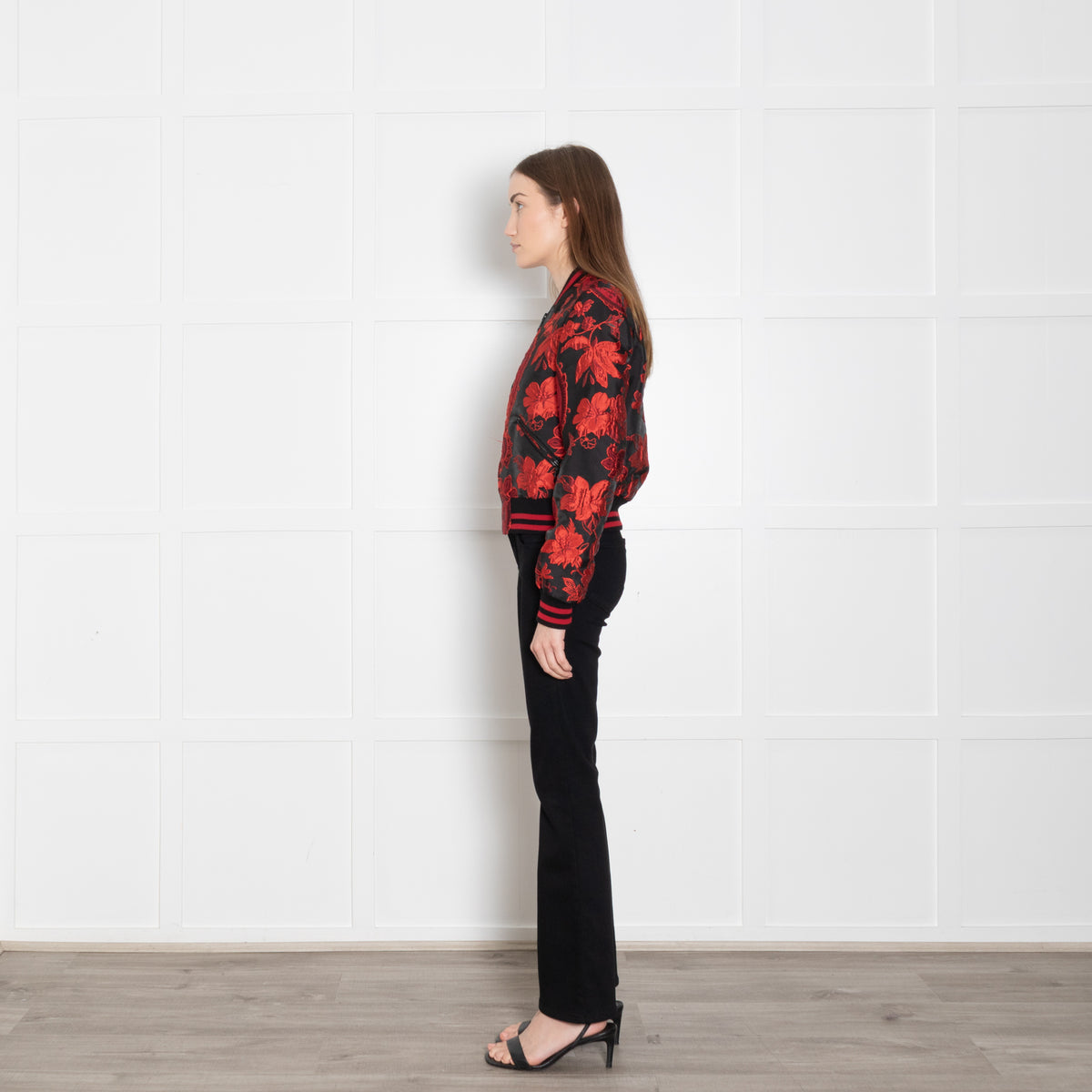 Alice + Olivia Black Red Floral Jacquard Bomber Jacket