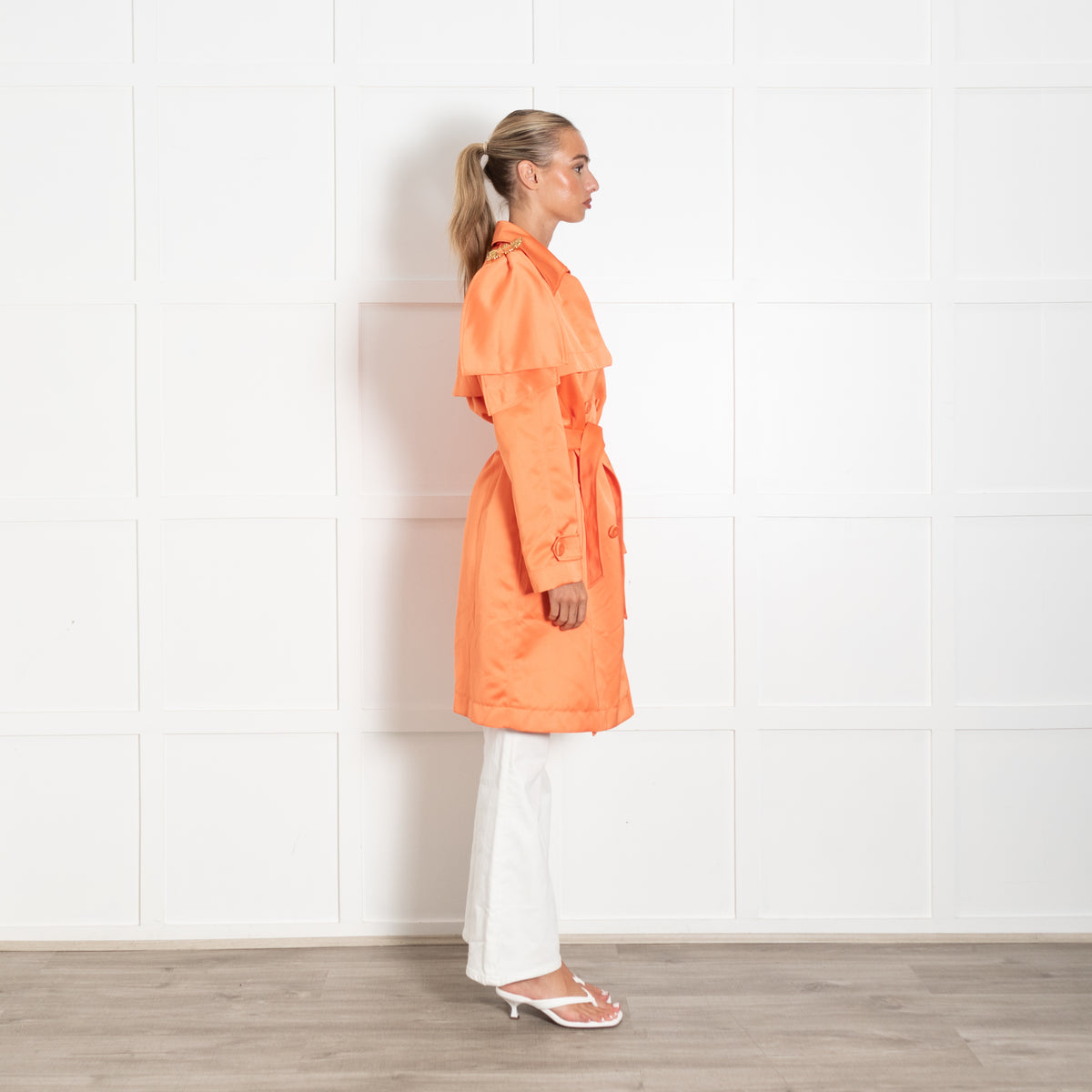Moschino Orange Gold Buckle Shoulder Detail Satin Coat