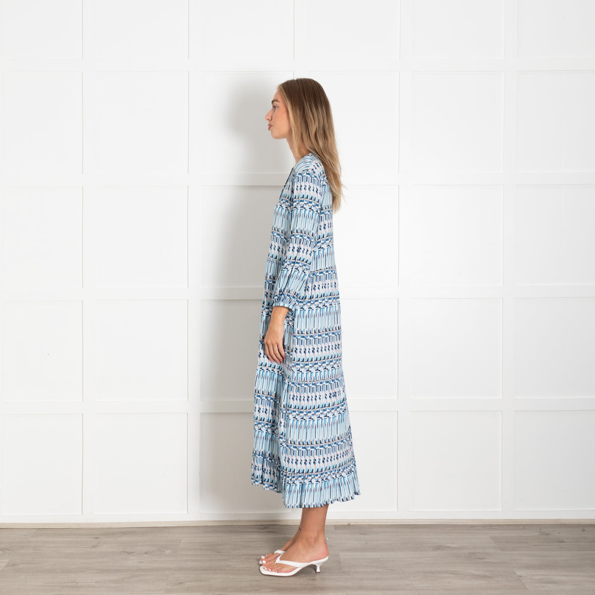 Dea Kudibal Blue Pink Patterned Long Sleeve Midi Dress