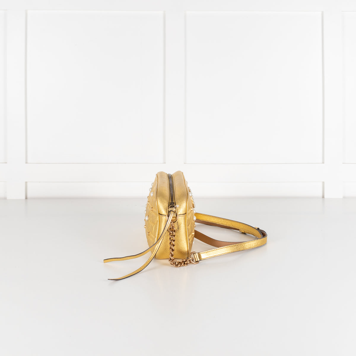Gucci GG Marmont Gold Leather Pearl Crossbody Bag