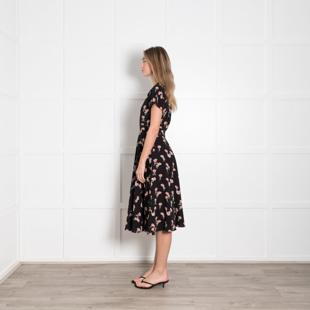 Mikael Aghal Black Orange Floral Sleeveless Midi Dress