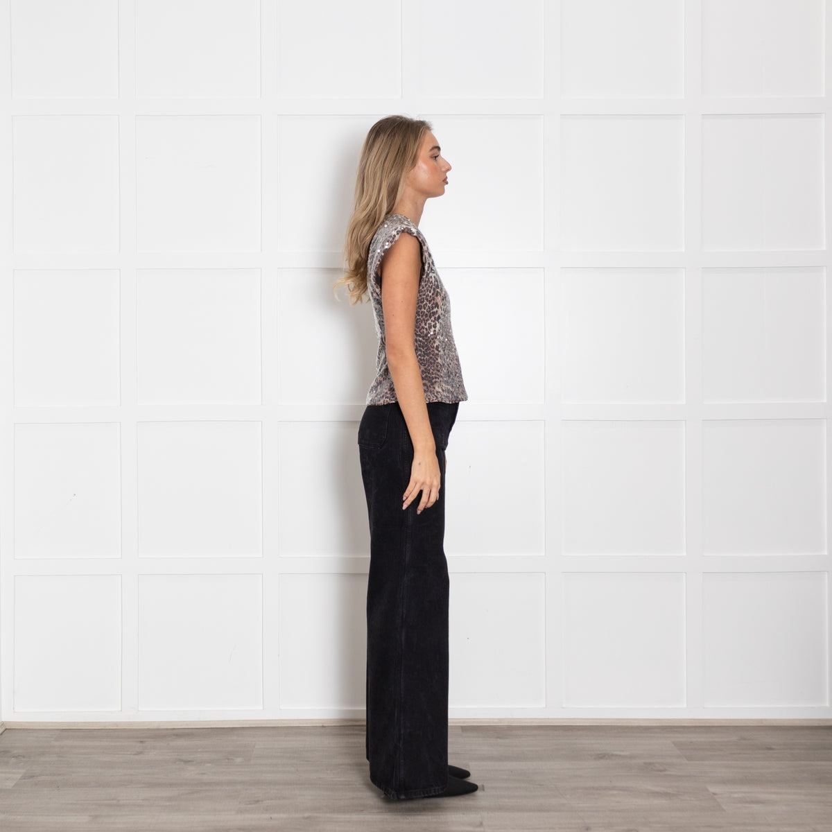 Ganni Animal Print/Sequin Cap Sleeve Top