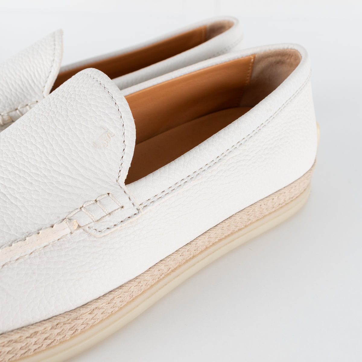 Tod's White Raffia Trimmed Leather Loafers