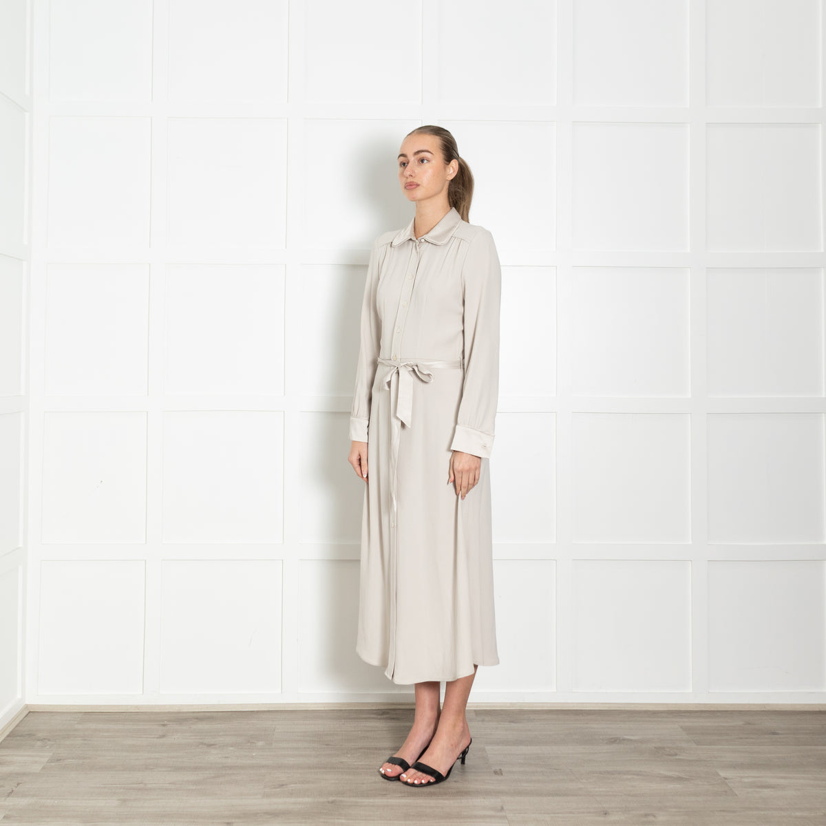 Goat Beige Belted Long Sleeve Button Up Midi Dress
