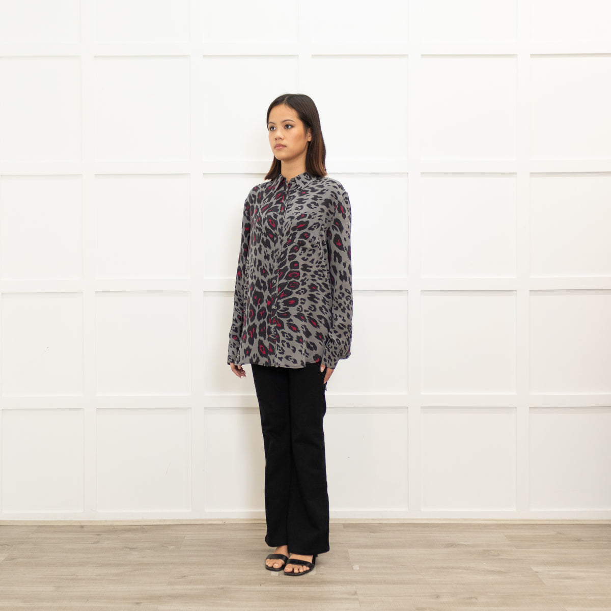 Equipment Grey and Fuschia Animal Print Silk Shirt