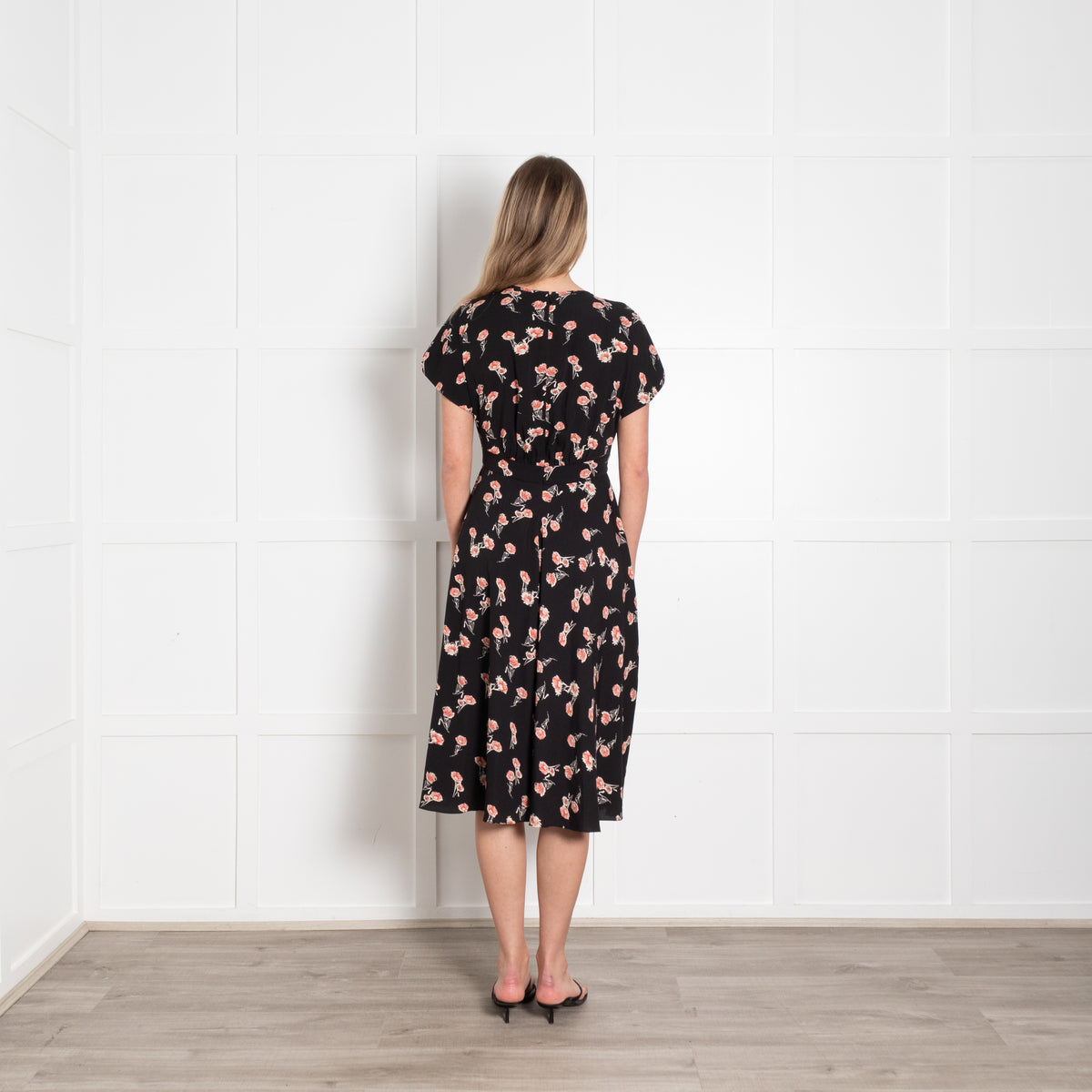 Mikael Aghal Black Orange Floral Sleeveless Midi Dress