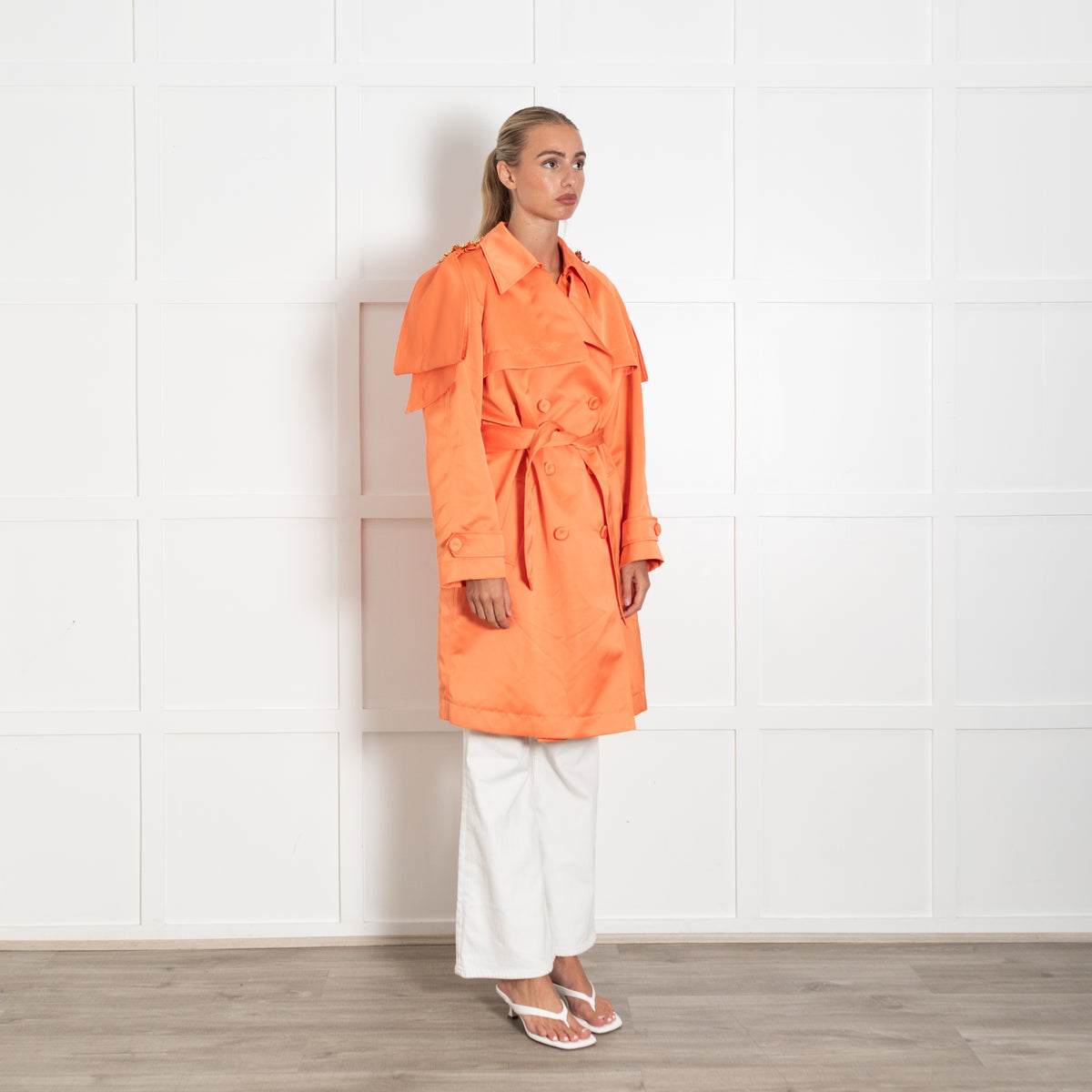Moschino Orange Gold Buckle Shoulder Detail Satin Coat