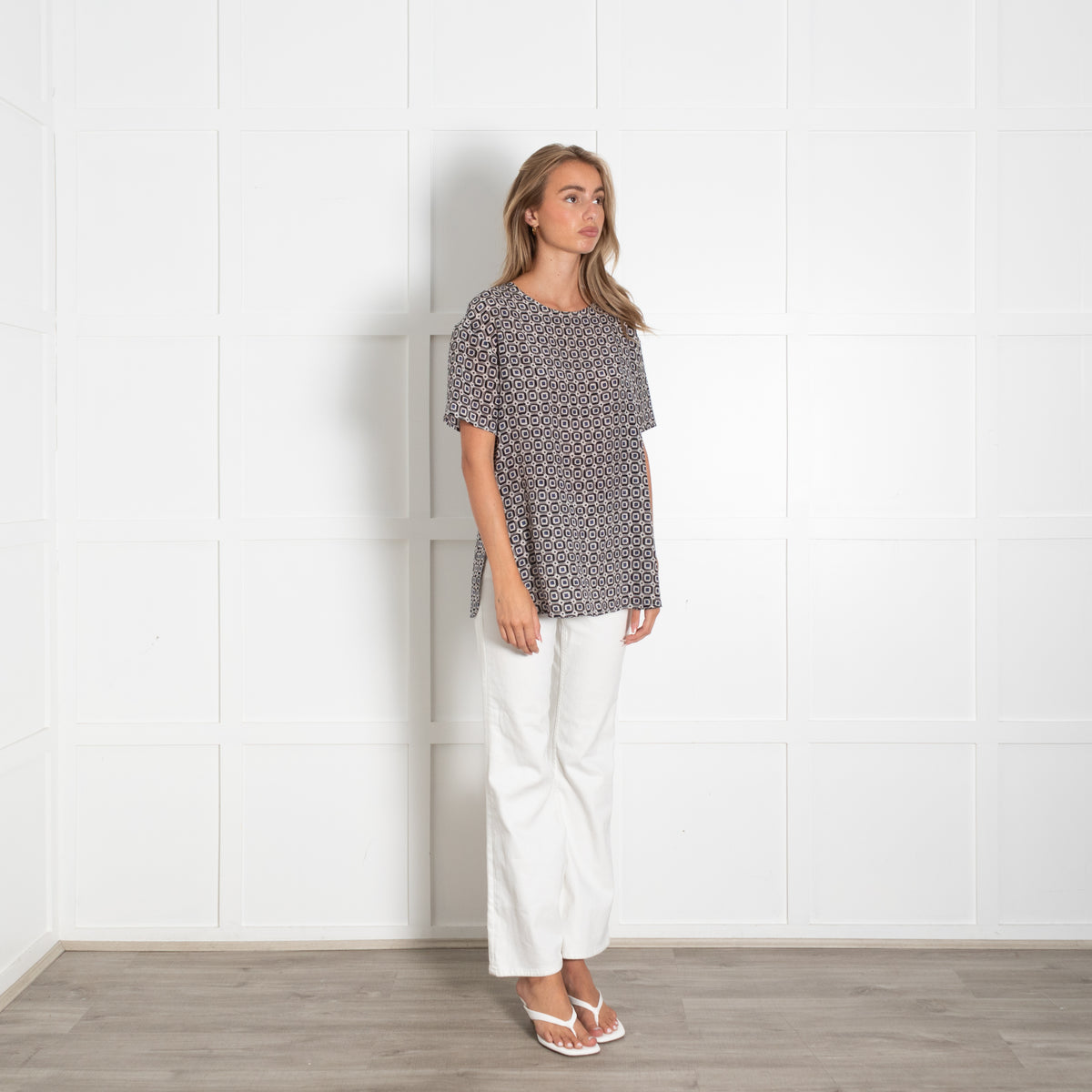 Bruno Manetti Grey Black Blue Geometric Print Silk Top
