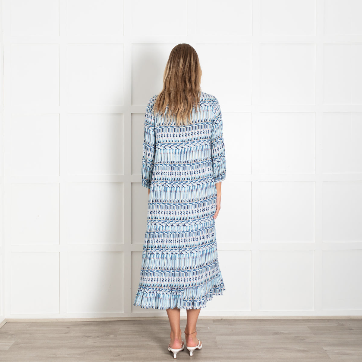Dea Kudibal Blue Pink Patterned Long Sleeve Midi Dress