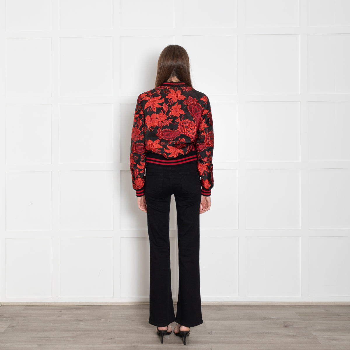 Alice + Olivia Black Red Floral Jacquard Bomber Jacket