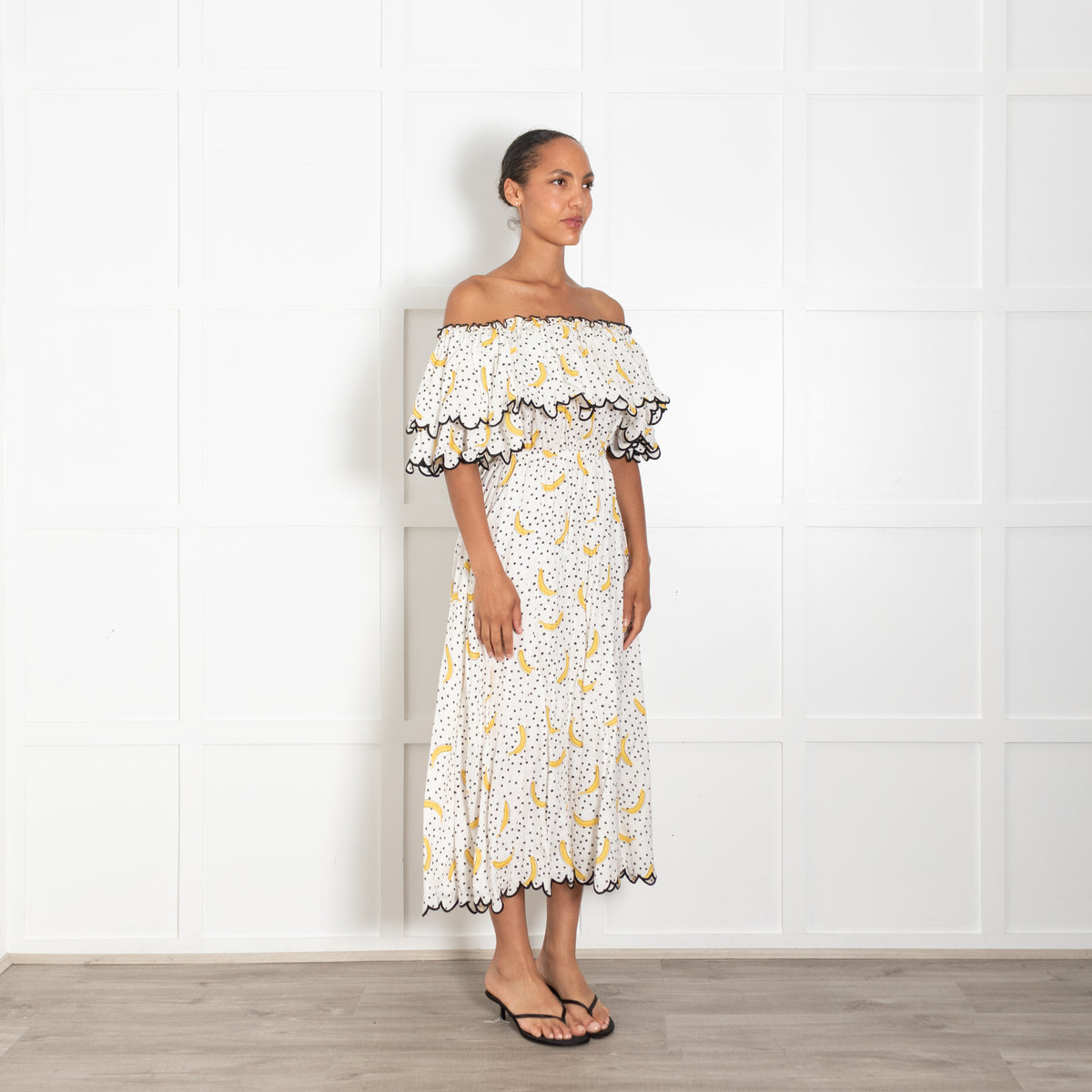 Gul Hurgel White & Yellow Banana Print Maxi Dress