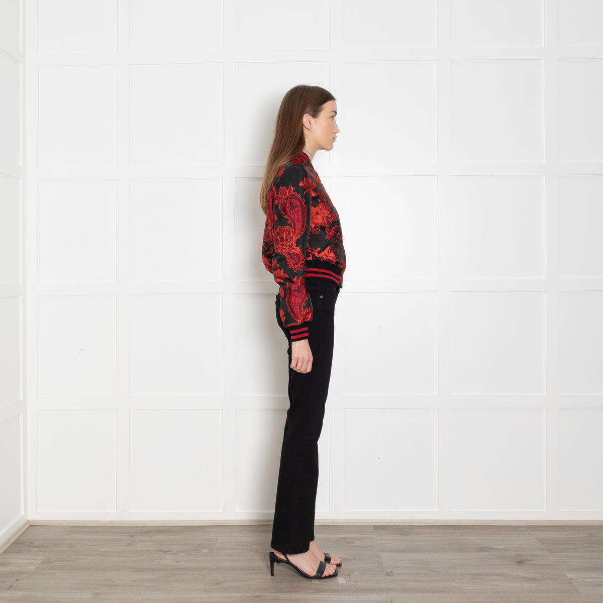 Alice + Olivia Black Red Floral Jacquard Bomber Jacket
