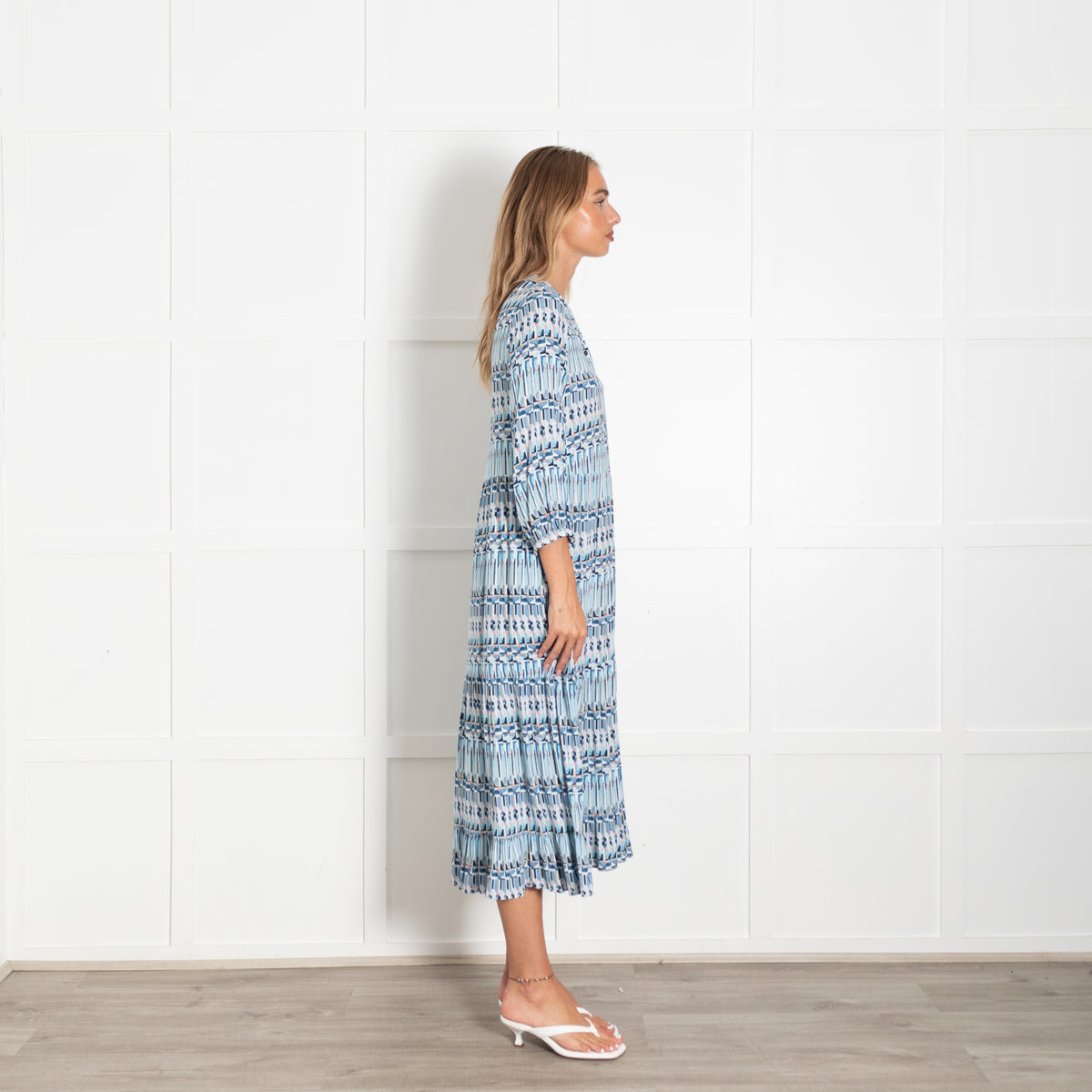 Dea Kudibal Blue Pink Patterned Long Sleeve Midi Dress