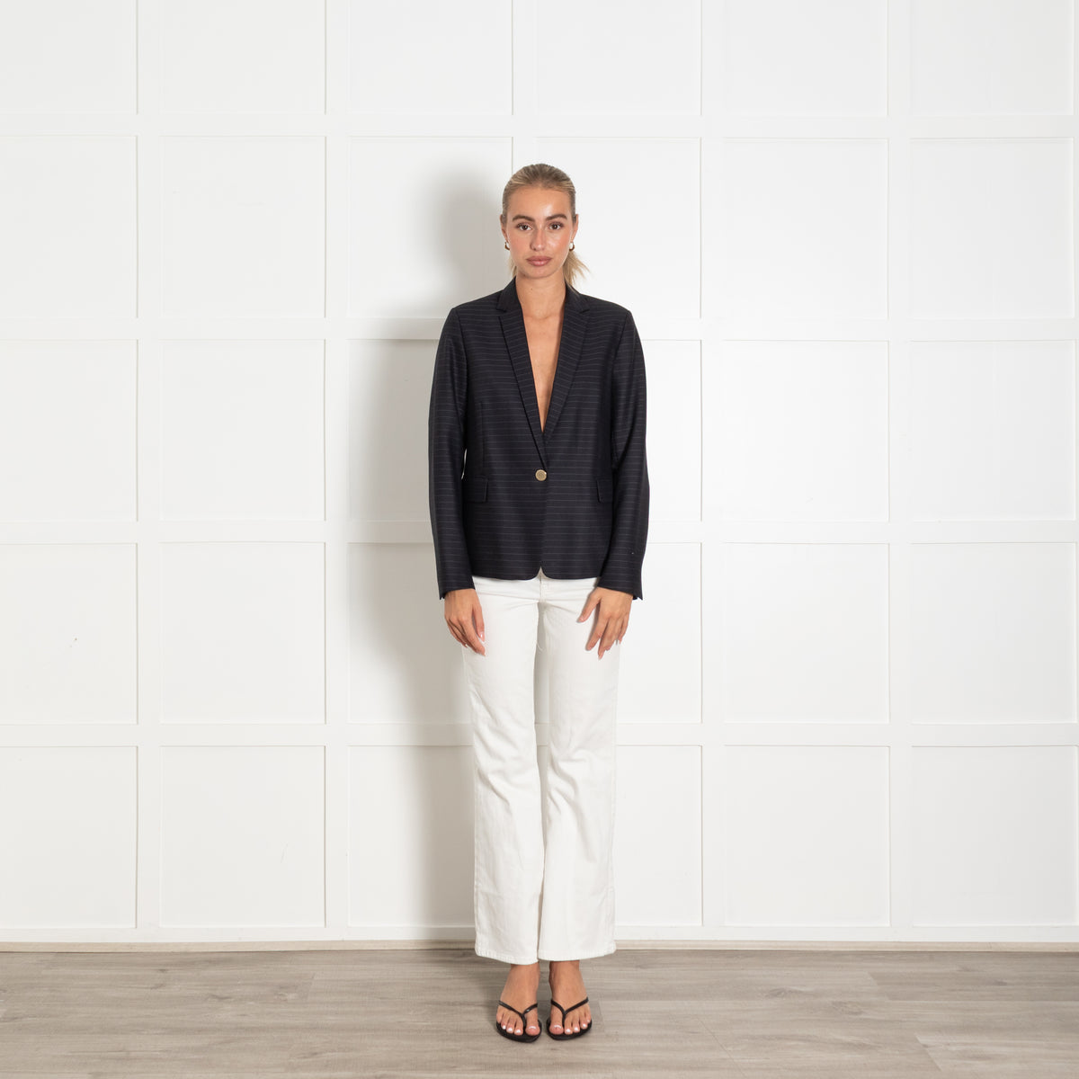 Sandro Navy Stripe Single Breasted Blazer With Gold Button