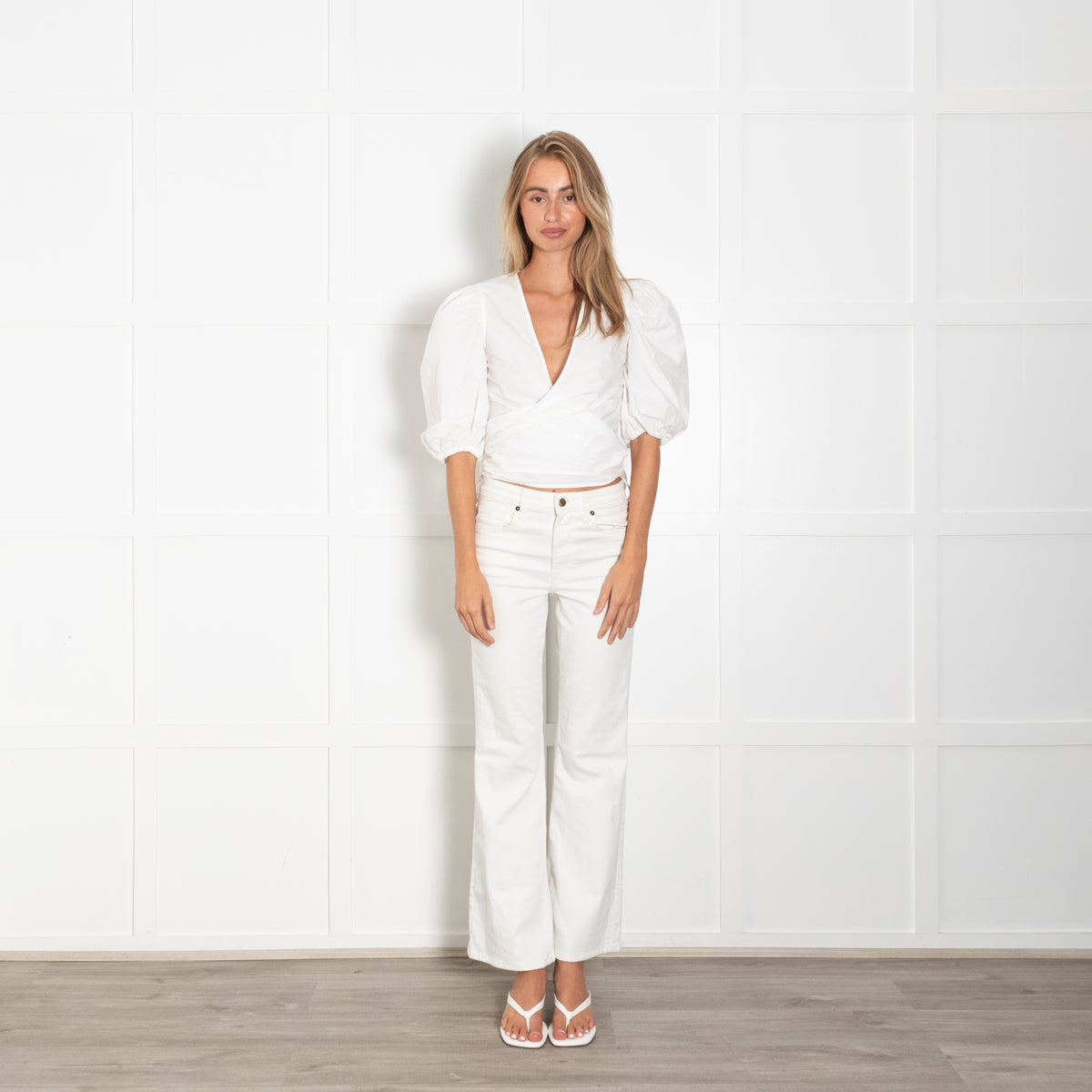 Ganni White Cotton Puff Sleeve Wrap Top