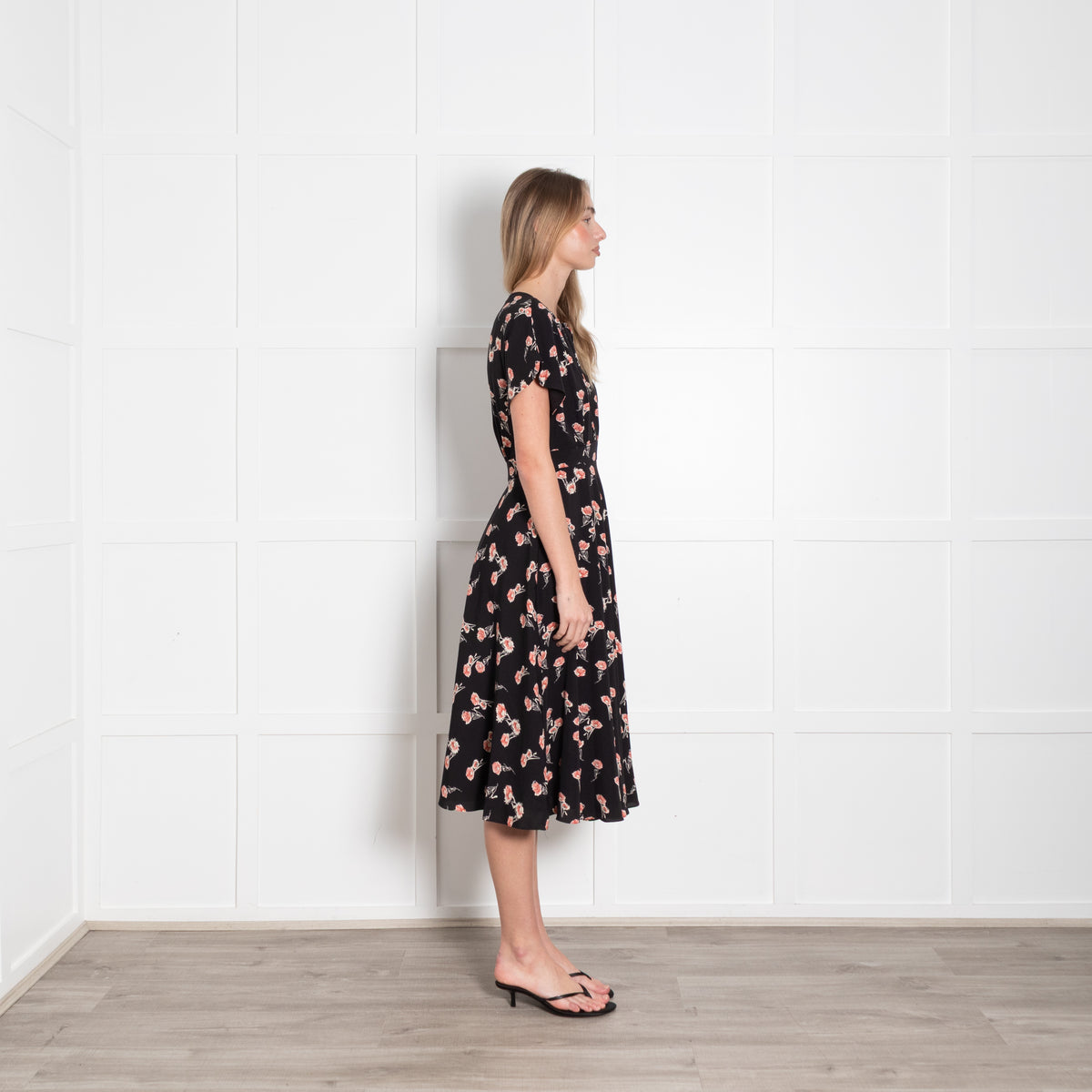 Mikael Aghal Black Orange Floral Sleeveless Midi Dress