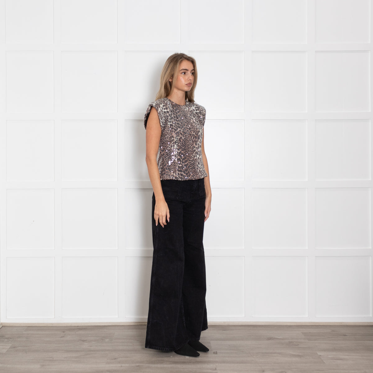 Ganni Animal Print/Sequin Cap Sleeve Top