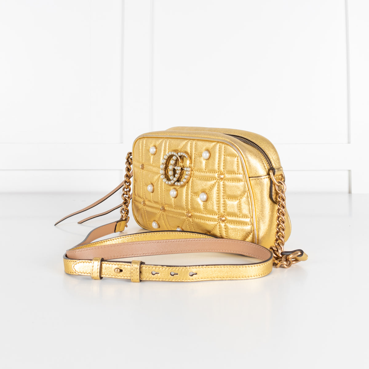 Gucci GG Marmont Gold Leather Pearl Crossbody Bag