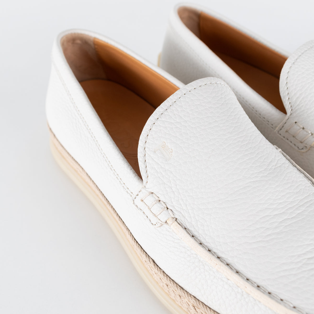 Tod's White Raffia Trimmed Leather Loafers