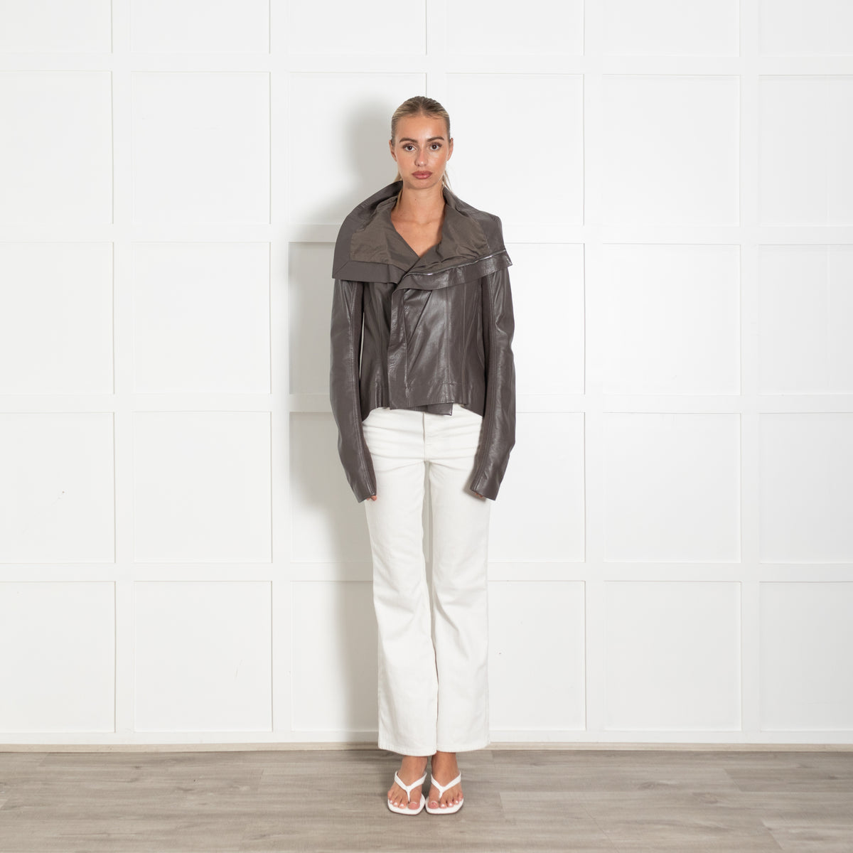 Rick Owens Grey Leather Asymmetric Biker Jacket