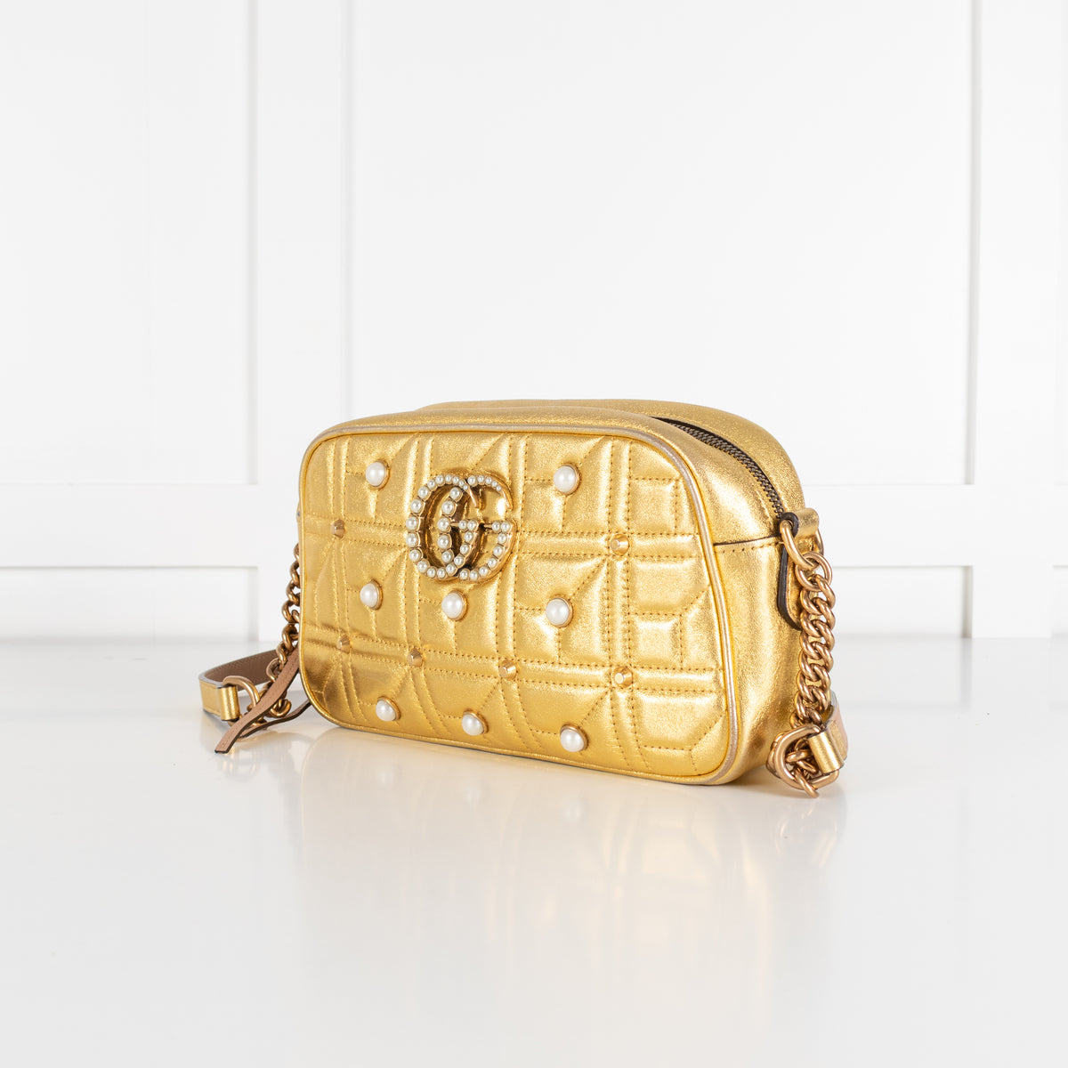 Gucci GG Marmont Gold Leather Pearl Crossbody Bag