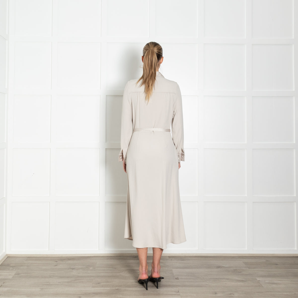 Goat Beige Belted Long Sleeve Button Up Midi Dress