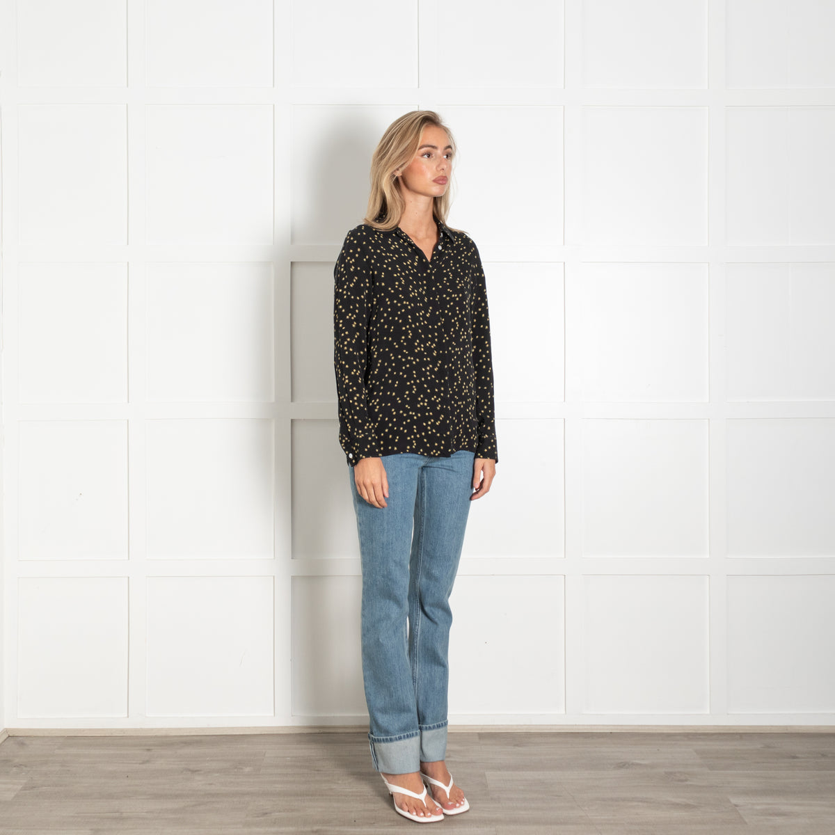 Theory Black Yellow Floral Silk Blouse