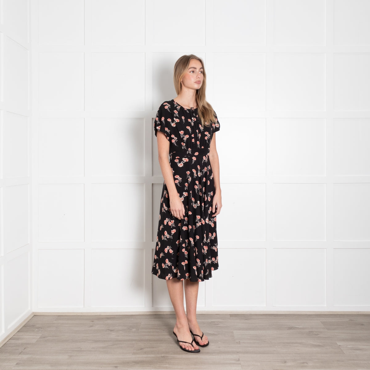 Mikael Aghal Black Orange Floral Sleeveless Midi Dress