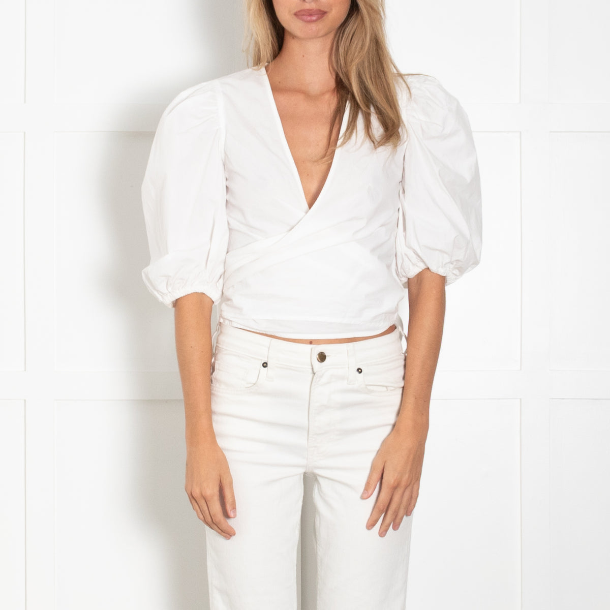 Ganni White Cotton Puff Sleeve Wrap Top